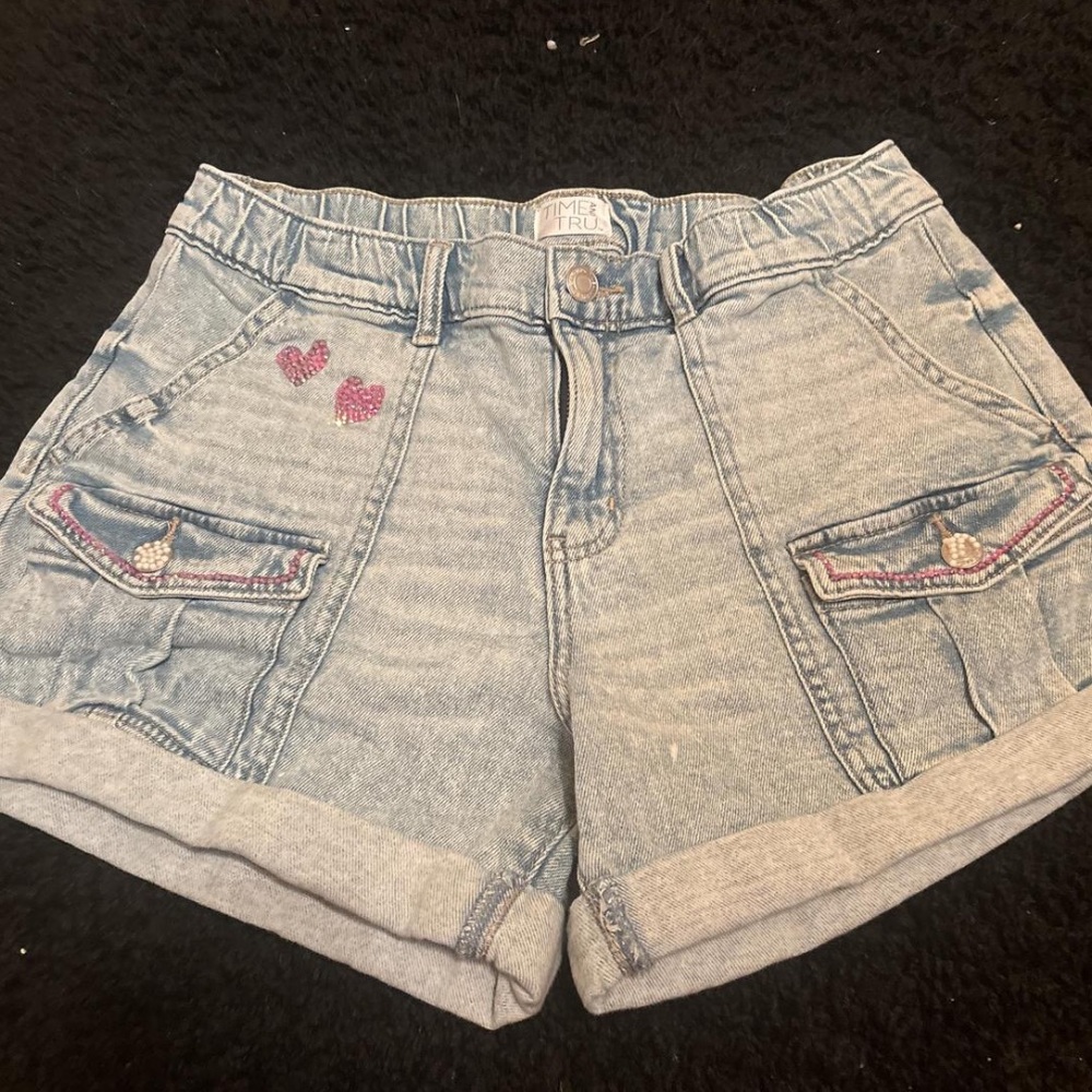 Time and Tru Light Blue Jean Shorts with Pink Accents